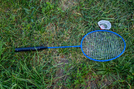 The badminton racket lying on the green grass.の写真素材