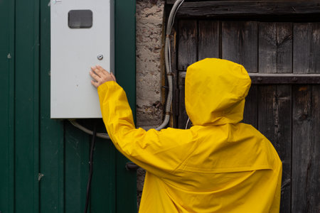 A woman in a yellow raincoat looks into a transformer box.の写真素材