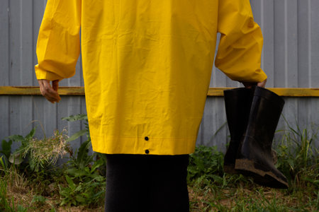 A woman yellow raincoat holds black rubber bootsの写真素材