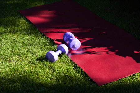 Sports mat and plastic dumbbell. Physical education in nature. Maintaining your body weight.の写真素材