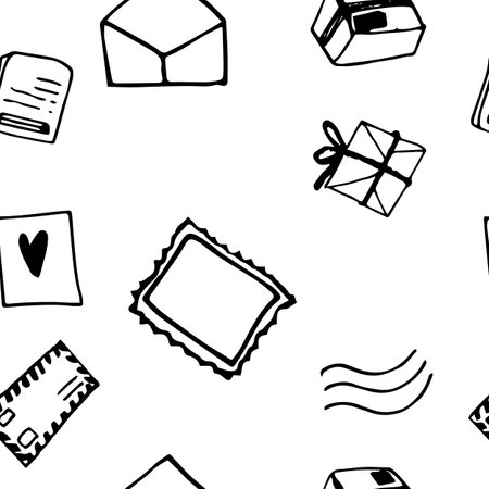 Seamless vector clipart doodle parcels and letters. postmen. present. Correspondence.のイラスト素材