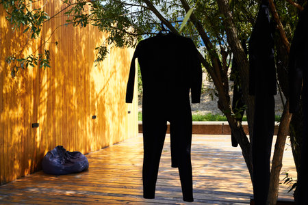 Photo of black wetsuit drying on tree againstの写真素材