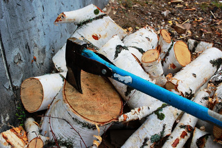 Photo a blue axe chopping birch logs.の写真素材