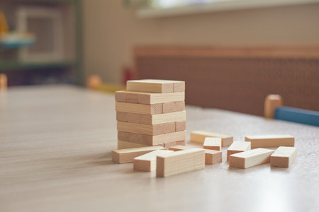 of wooden blocks is a game on the tableの写真素材