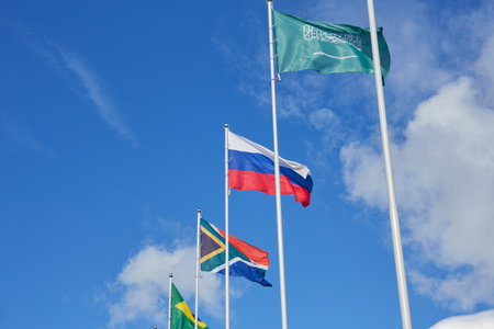international flags in the blue sky on dayの写真素材