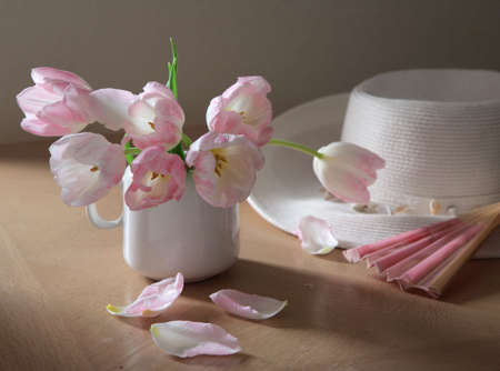 tulips pink white hat fan petals lightの写真素材
