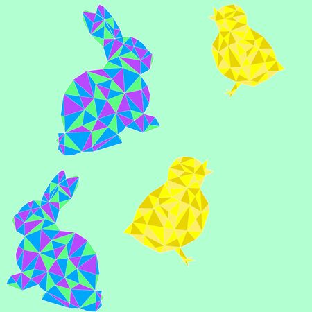 Bunny rabbit and chicken chick animals easter seamless pattern made of triangles with white borders...