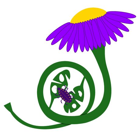 Violet flower french horn instrument made of flower, leaves and brunch with purple bug isolated on white background in vector.のイラスト素材