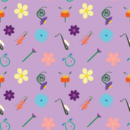 Seamless pattern with abstract flowers with notes and many different musical instruments on light violetの写真素材