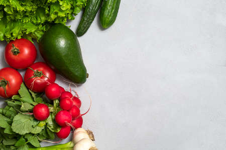 Alkaline-promoting foods on neutral concrete background. Top view with copy spaceの写真素材