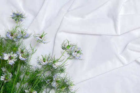 Romantic background with spring flowers on bed sheets. Top view, space for text