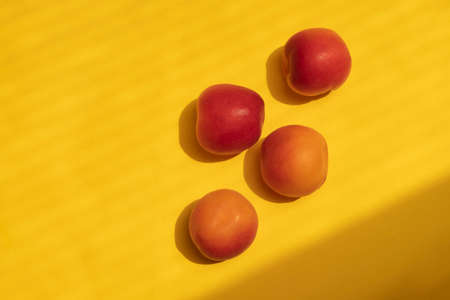 Fresh ripe apricots on bright yellow background with hard light. Top view with copy spaceの写真素材