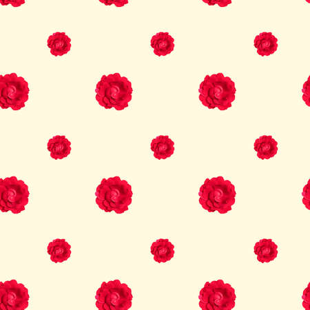 Floral seamless pattern with red rose flowers on light beige backgroundの写真素材