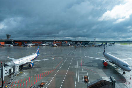 MOSCOW - 04 SEPTEMBER, 2021: Sheremetyevo international airport view with Aeroflot airplanes on frontのeditorial素材