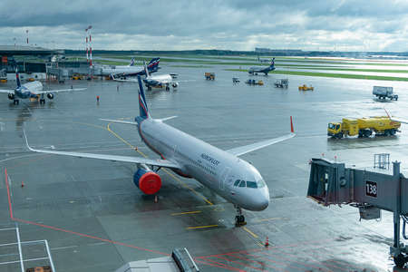 MOSCOW - 04 SEPTEMBER, 2021: Aeroflot airplane in Sheremetyevo international airport on rainy cloudy dayのeditorial素材