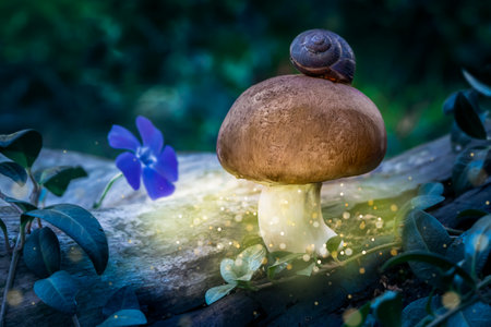 Magic mushroom in a mystical forest with flower and snail. Fantasy forest backgroundの写真素材