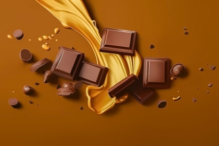 Flying chocolate pieces on brown background with golden elements. Generative AIの素材
