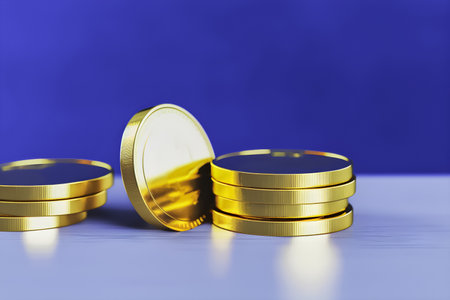 Stack of golden coins on blue background copy space. Generative AIの素材