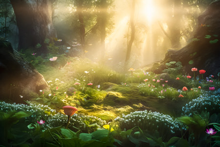 Magical morning forest background with flowers. AI generativeの素材