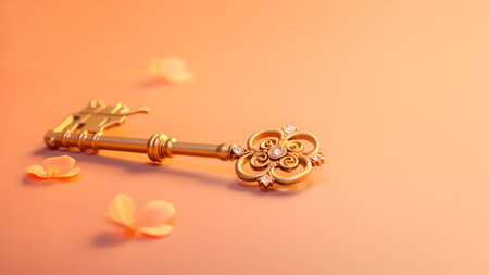Beautiful golden key on pastel orange background with flowers and copy space. AI generativeの素材