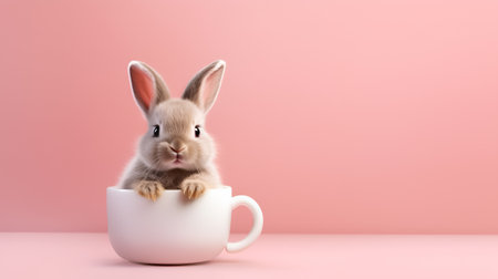 Cute fluffy bunny rabbit in a coffee cup on pastel pink background with copy space, coffee time. AI generativeの素材