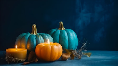 Autumn pumpkin with candles and dry leaves on dark blue background with copy space. AI generativeの素材