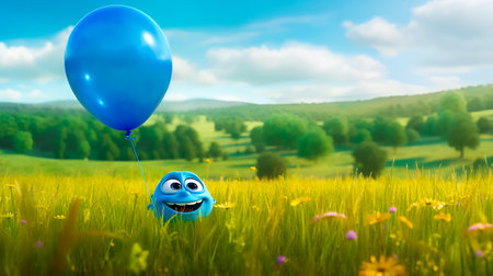 Funny cartoon character walking in a meadow field. AI generativeの素材