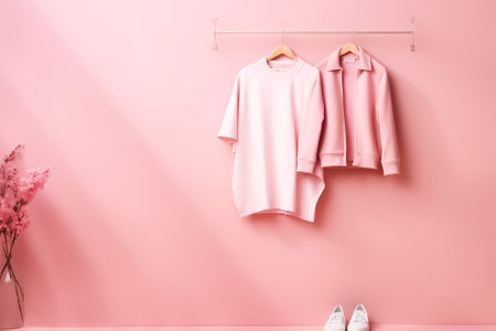 Minimalist wardrobe composition in pink colors, sweaters on a hanger, whte shoes, and flowers. AI generativeの素材