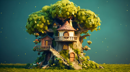 Cute beautiful treehouse on a big tree in a green meadowの素材