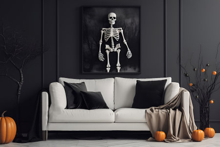Modern living room with festive Halloween decorationsの素材