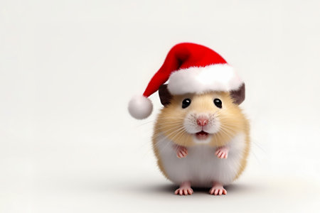 Cute hamster wearing Santa hat on light background with copy spaceの素材