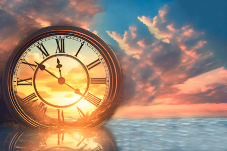 Big vintage fantasy clock in a sea on sunsetの素材