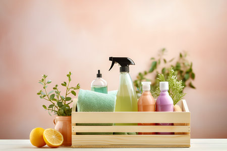 Natural cleaning products in a wooden box on pastel background with coy spaceの素材
