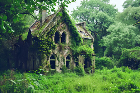 Mystical remainings of old forgotten house covered in grass and treesの素材