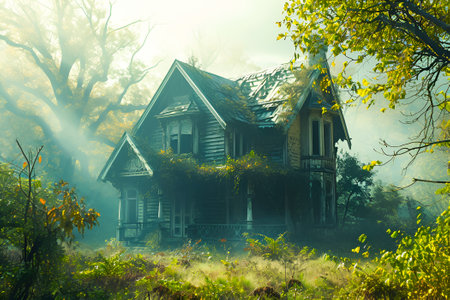 Old forgotten house covered sitting alone among treesの素材