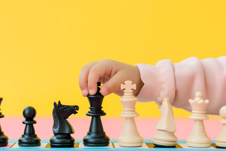 Child learning to play chess on pastel background, copy spaceの素材