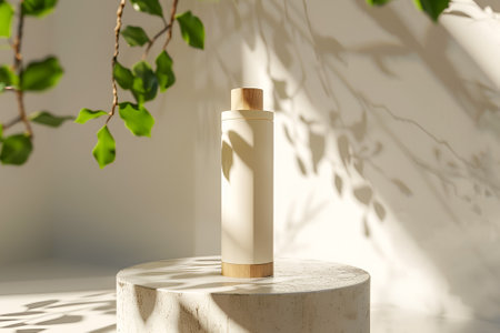 Natural beauty care product in a bottle on stone pedestal with geen leaves and creative shadows, mockupの素材