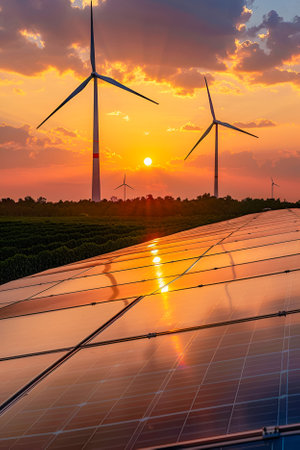 Solar panels with wind turbines non sunrise, eco energy concept.の素材