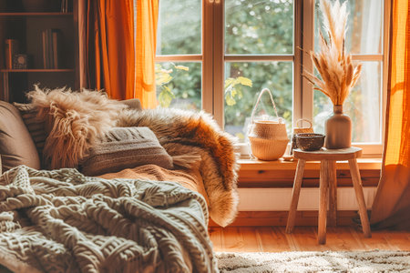 Cozy atmosphere interior of a living room with fluffy blanketsの素材