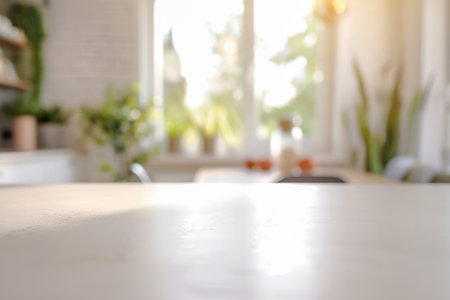 Kitchen tabletop background with slightly blurred background, cozy atmosphereの素材