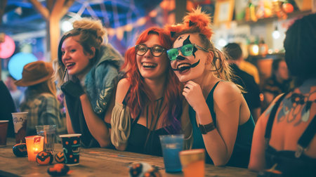 People celebrating Halloween at a party in costumesの素材