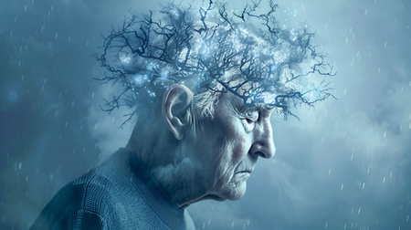 Person with tangle of trees on her head on rainy blue background. Alzheimer's disease conceptの素材