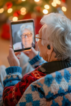 Elderly person joyfully video chats with friend or relative on tablet, embracing modern technology and family connection.の素材