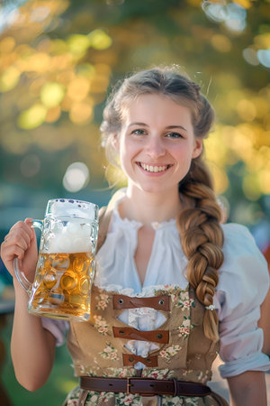 Oktoberfest joy: Happy young woman in traditional dress holding a beer mugの素材