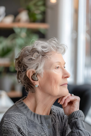 Modern elder woman with hearing aids live her normal lives, medical technologies conceptの素材