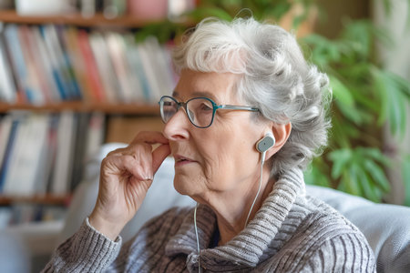 Modern elder woman with hearing aids live her normal lives, medical technologies conceptの素材