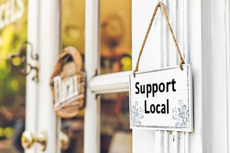 Closeup image of a white door of a shop with sign Support Local, light colors, modern shopの素材