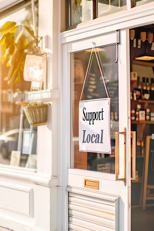 Close up image of a sign on a door of a shop with text Support Localの素材