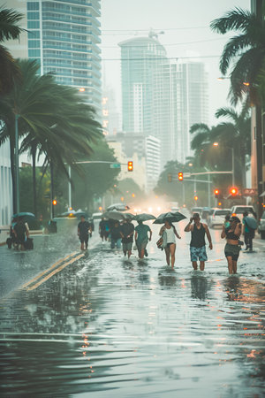 People in a flooded city due to dangerous hurricaneの素材