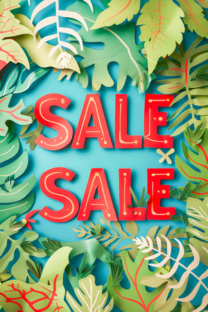 Bold red text Sale on green background with tropical leaves, papercut style. Summer shopping conceptの素材